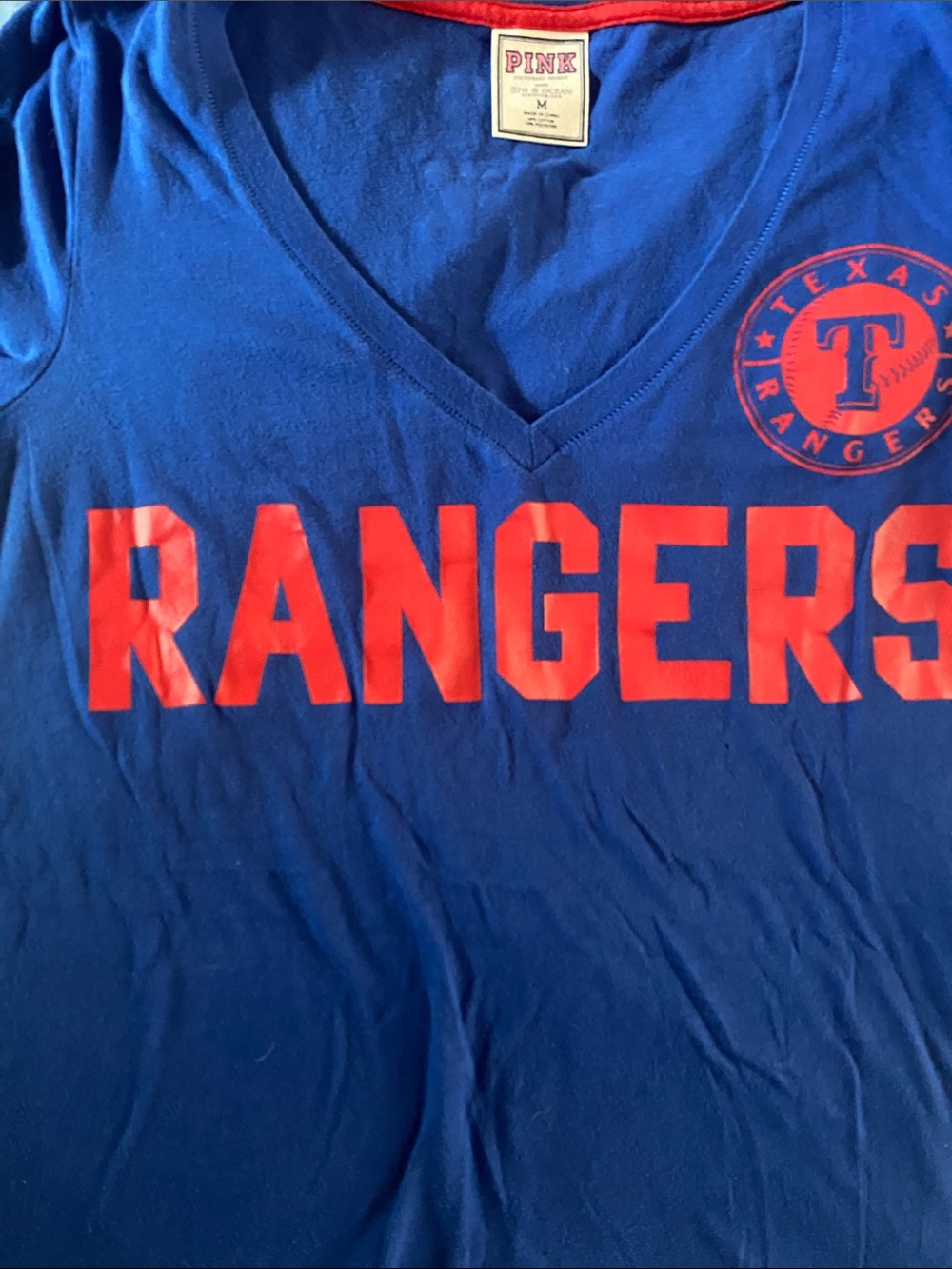 PINK Victoria's Secret Blue V-Neck Rangers Graphic Tee
